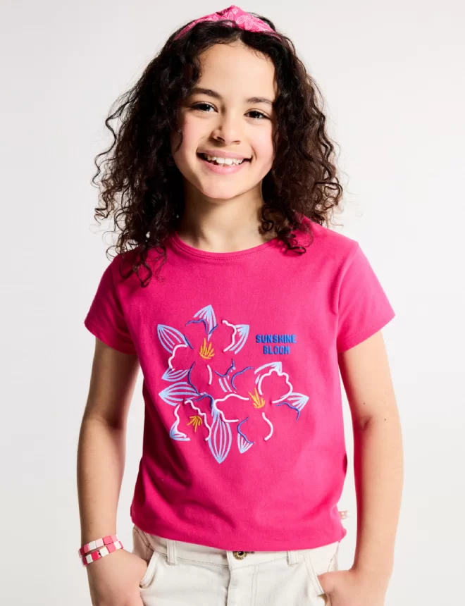 Girls' short sleeve T-shirt with pink flower motif