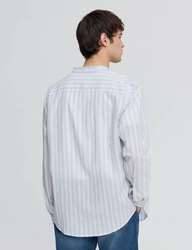 Blue striped shirt with mandarin collar