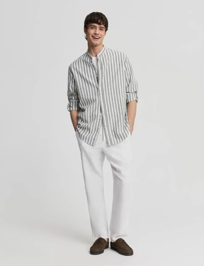 Sage green striped shirt with mandarin collar